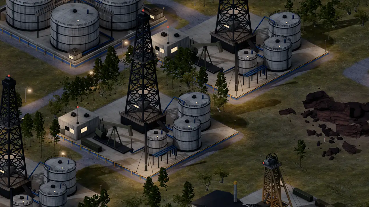 Derricks, réservoirs et gisement de fer d’une base WorldWar, de nuit